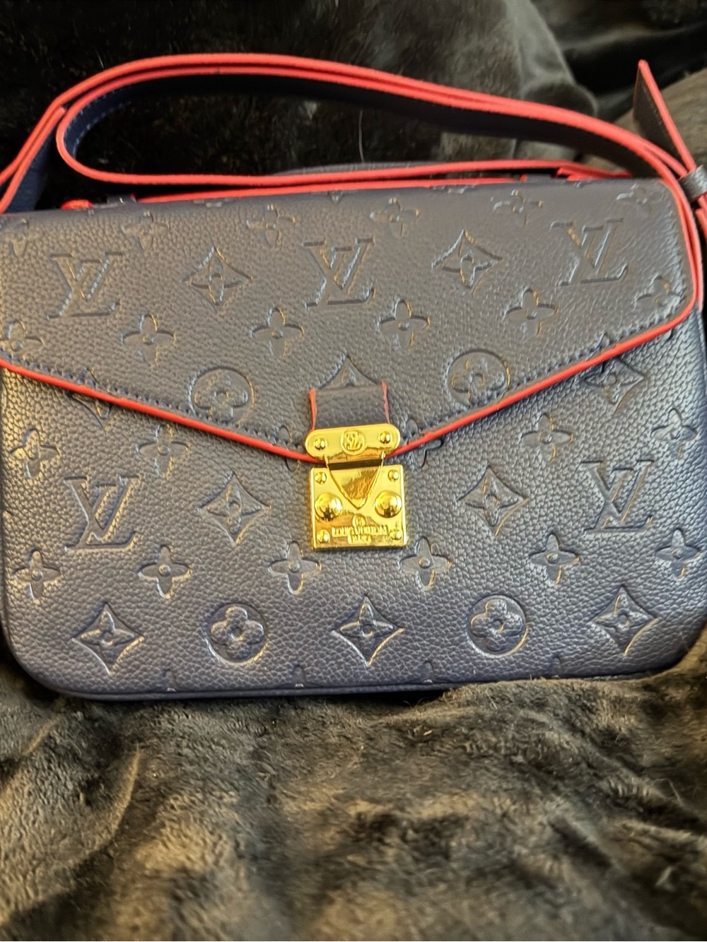 LV Style Navy Blue Empreinte Crossbody Bag Red Trim & Interior EUC
